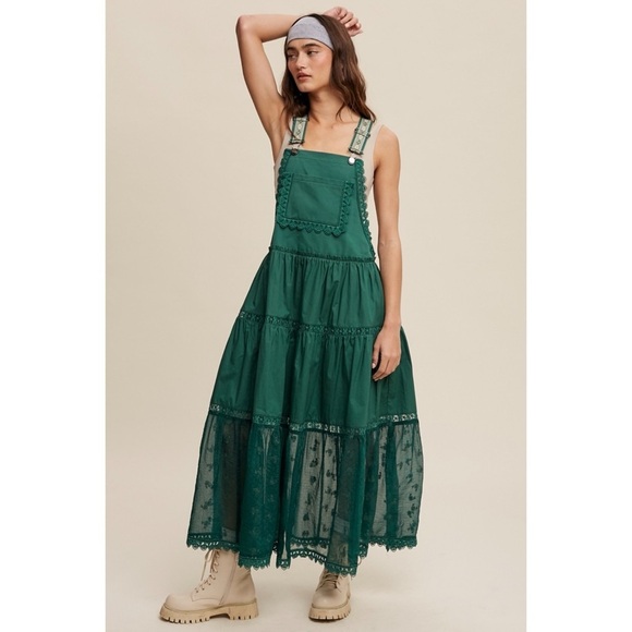 LISTICLE Forest Green Lace Embroidered Maxi Skirtall | Boho Overall Jumper - Picture 8 of 11